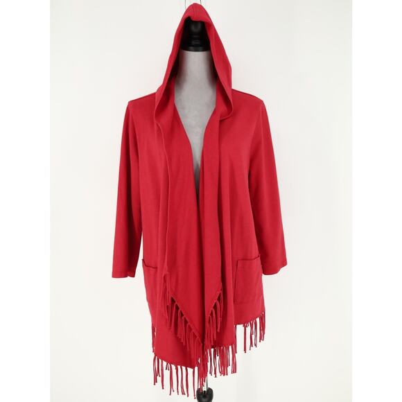 Chico's Sweaters - Chicos Zenergy 2 Womens Large Sweater Red Hooded Cardigan Fringe Open Front